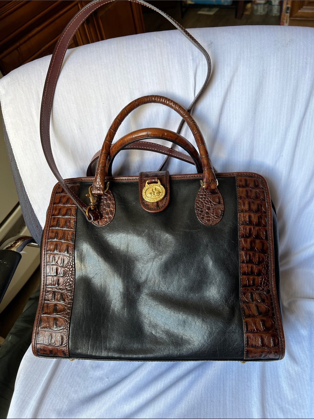 Vintage Brahmin Tuscan Addison Satchel Bag Black & Croc Leather (Excellent)